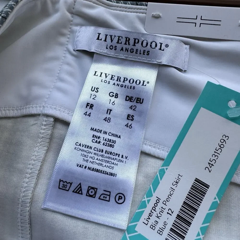 Liverpool Los Angeles Knit Pencil Knee Skirt NWT 12 Blue White Plaid Work Career